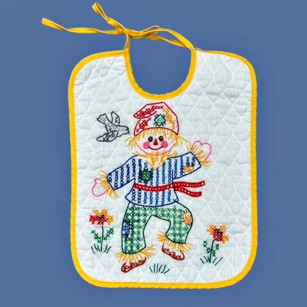 Vintage Handmade Embroidered Baby Bibs Wizard of Oz Scarecrow & Tin Man Primary